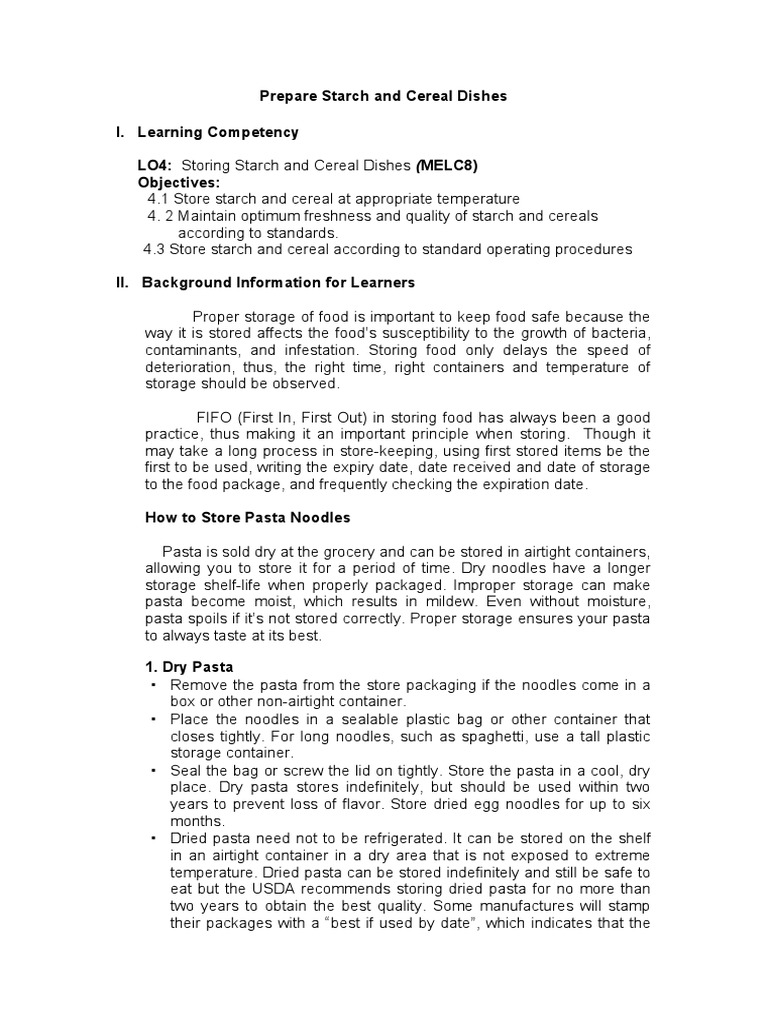 Prepare Starch and Cereal Dishes I. Learning Competency LO4 Storing