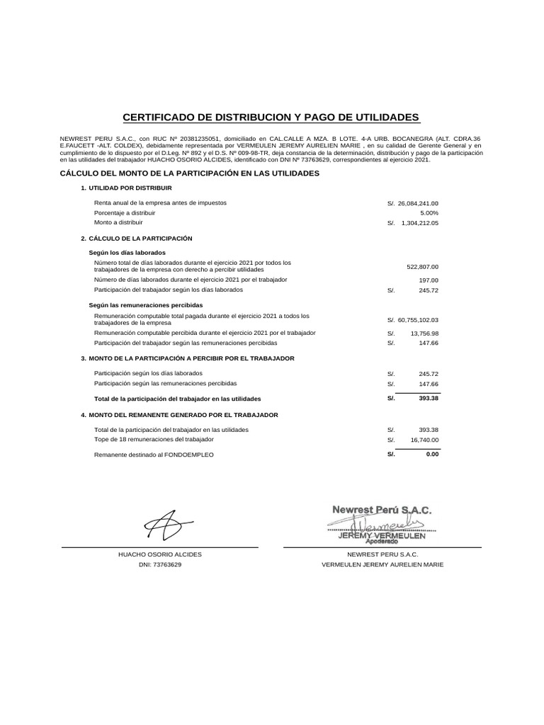 Certificado de Pago de Utilidades 2021 | PDF