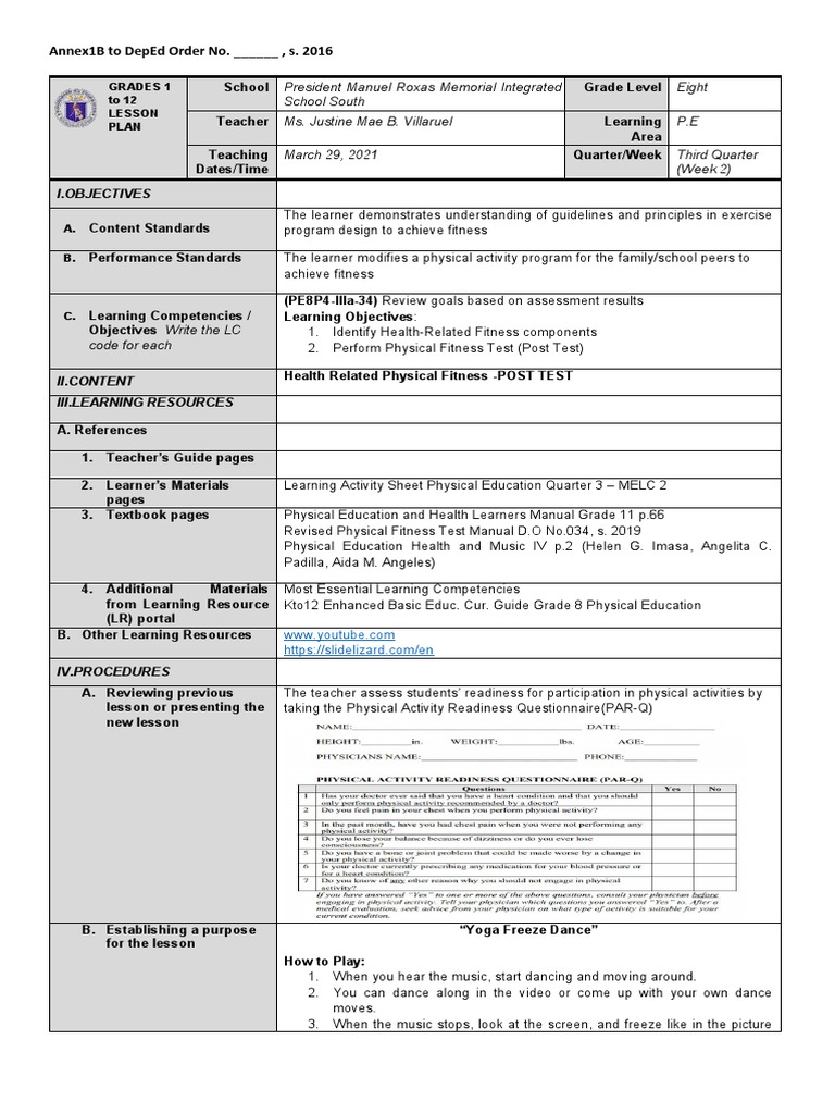 Grade 8 PE Lesson Plan: Fitness Testing | PDF | Physical Fitness ...