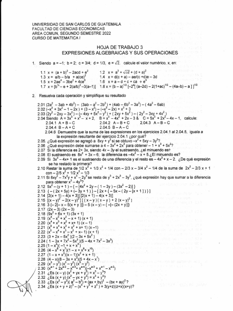 Hoja de Trabajo 3, Expresiones Algebraicas y Sus Operaciones | PDF ...