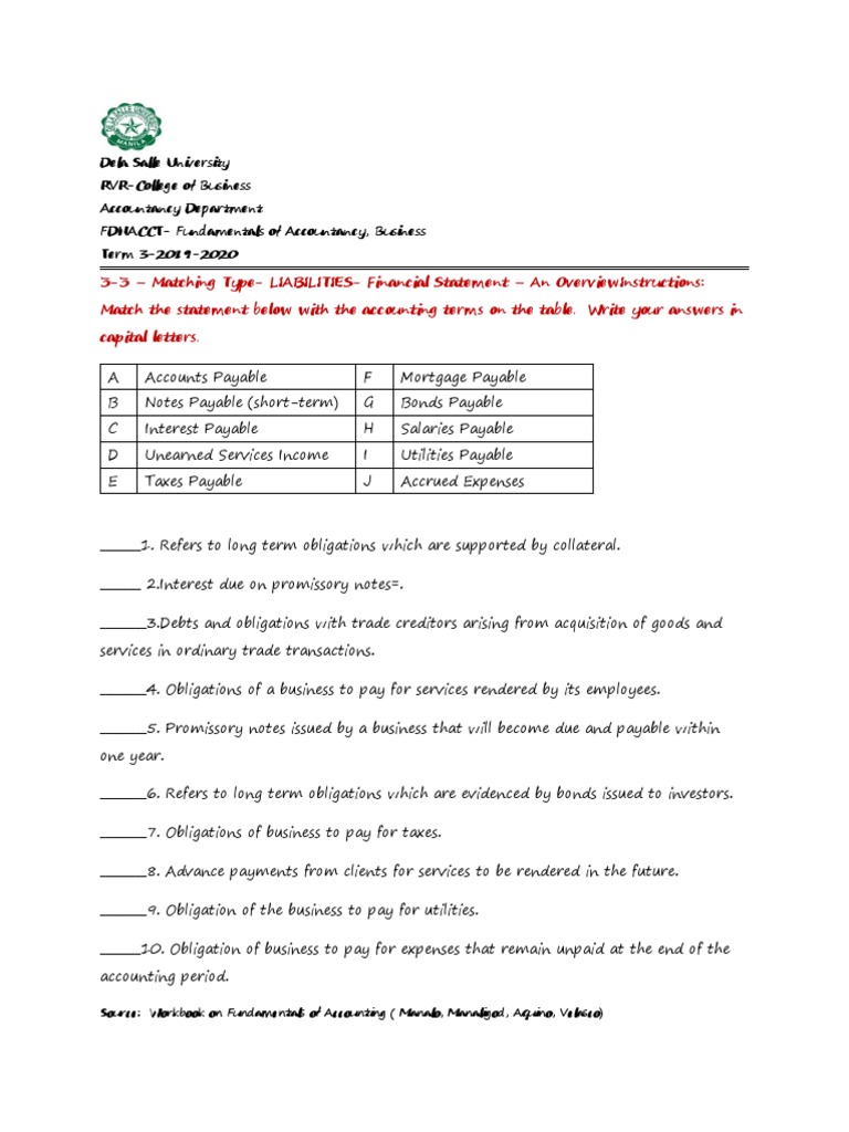 Exercise 3-4 - LIABILITIES - Matching Type - Financial Statement - An ...
