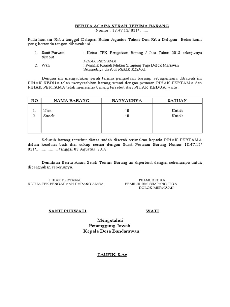 Berita Acara Serah Terima Barang | PDF