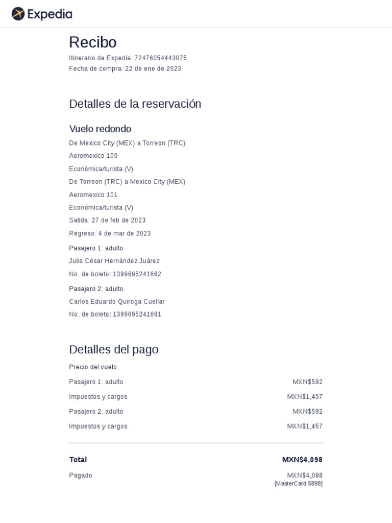 Recibo de Vuelo de Expedia | PDF