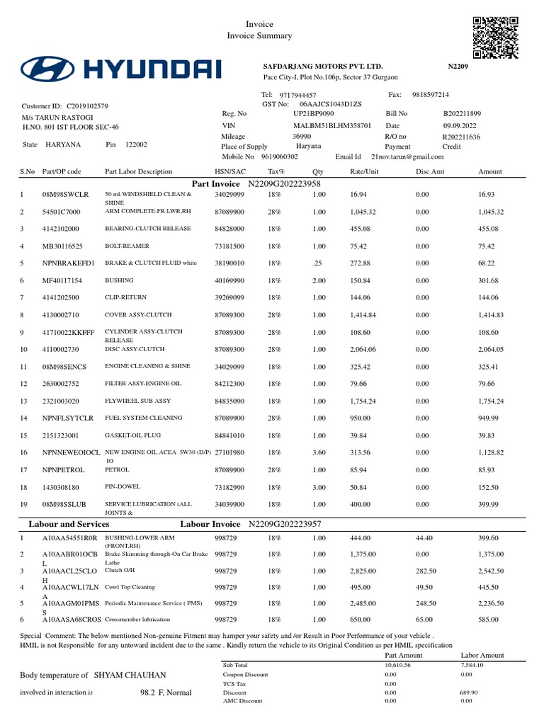 Hyundai Creta Service Invoice Details | PDF | Vehicles | Motor Vehicle