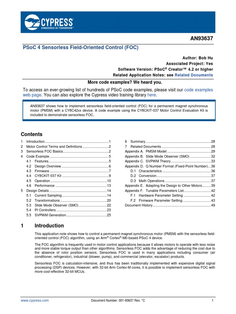 001-93637 AN93637 PSoC 4 Sensorless Field Oriented Control FOC | PDF ...