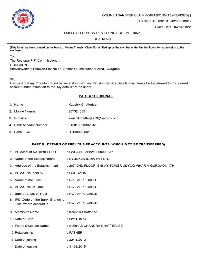 Online transfer claim form requesting transfer of pf balance and
