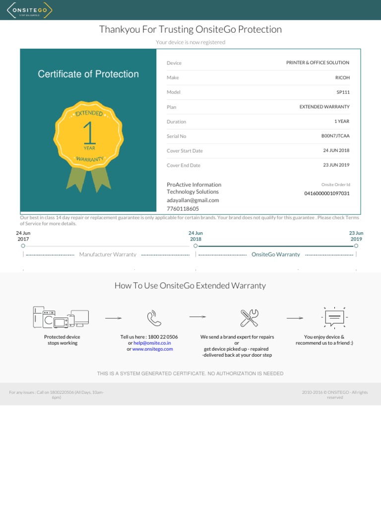 Printer Extended Warranty Certificate PDF Computing