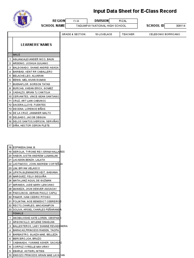 E-Class Record for Grade 10 Lovelace | PDF