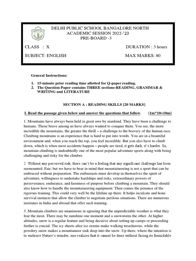 English Pre Board 3 QP PDF Tourism Mountaineering