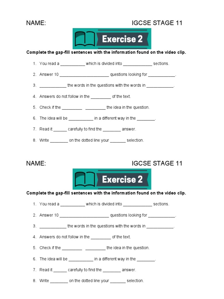 IGCSE Reading Exam Part 2 GapFill Worksheet PDF