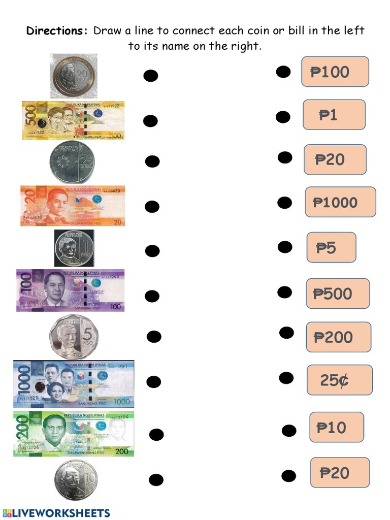 To its name on the right directions draw a line to connect each coin
