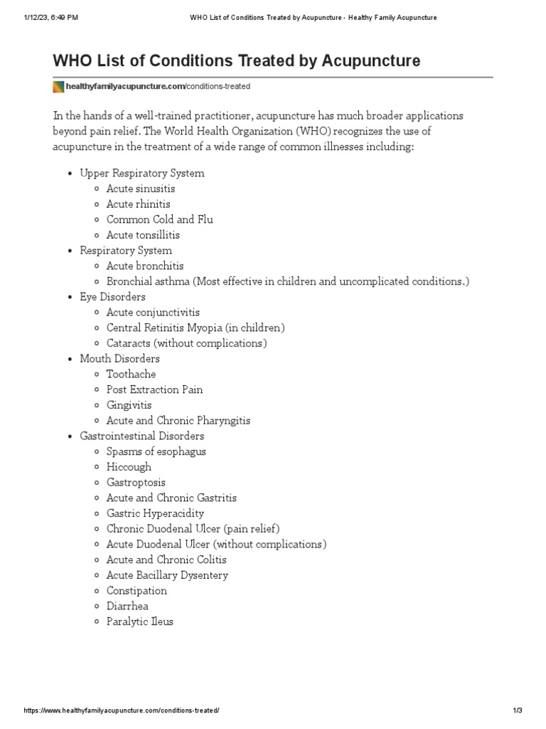 Who list of conditions treated by acupuncture healthy family
