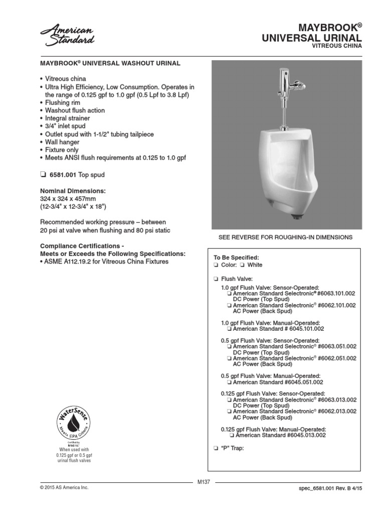 American Standard Maybrook Urinal TDS PDF Pipe (Fluid Conveyance