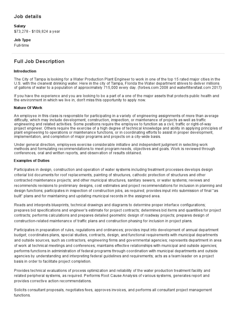 WTP Production Plant Engineer Profile PDF Specification