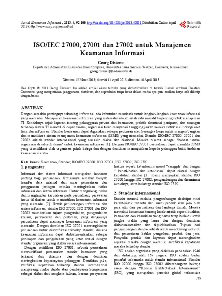 Iso Iec 27000 27001 Dan 27002 Untuk Manajemen Keamanan Informasi Pdf