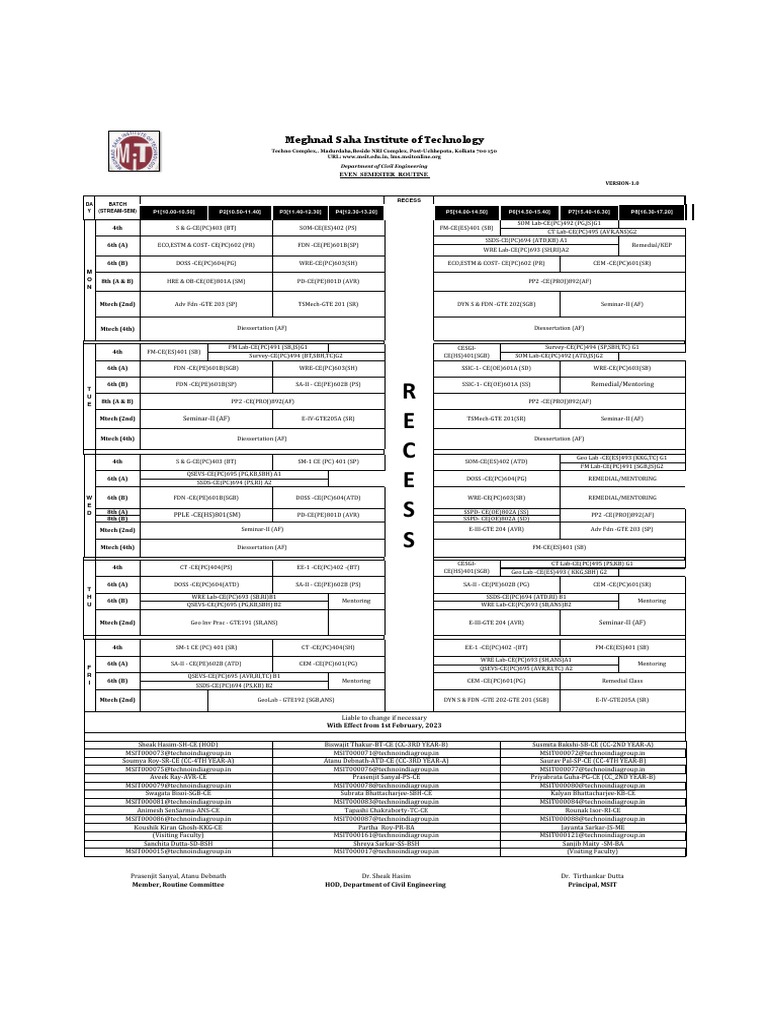Civil Engg Semester Routine | PDF | Science & Mathematics | Technology ...