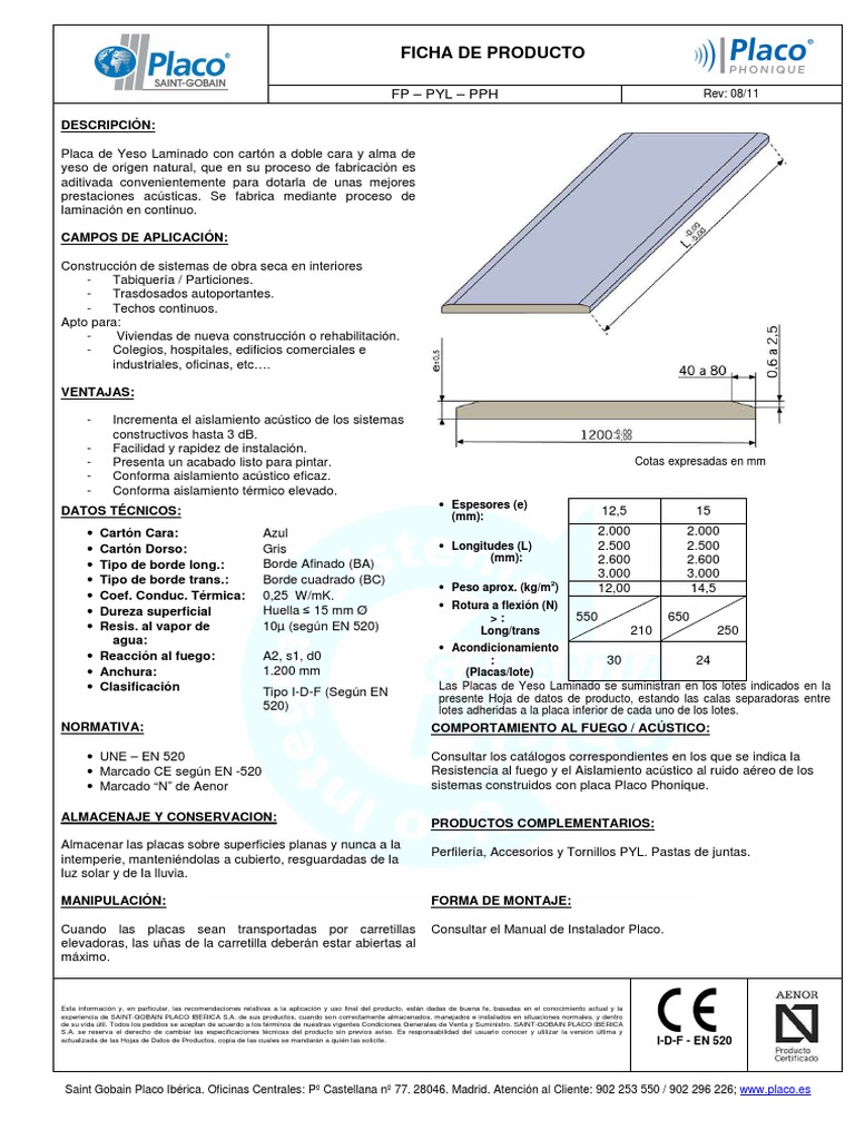 Ficha técnica de la placa de yeso laminado Placo Phonique de Saint