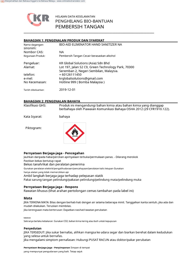 SDS BIO AID HAND SANITIZER (LIQUID) .En - Ms | PDF