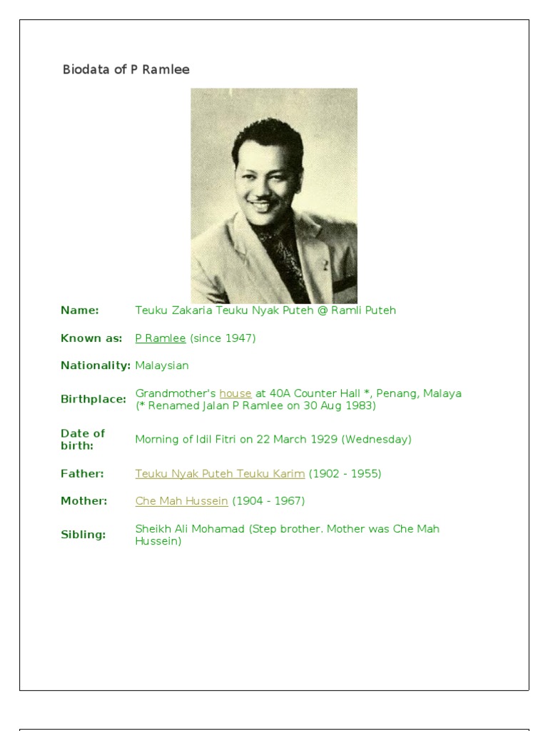 Biodata of P Ramlee | PDF | Southeast Asia | Strait Of Malacca
