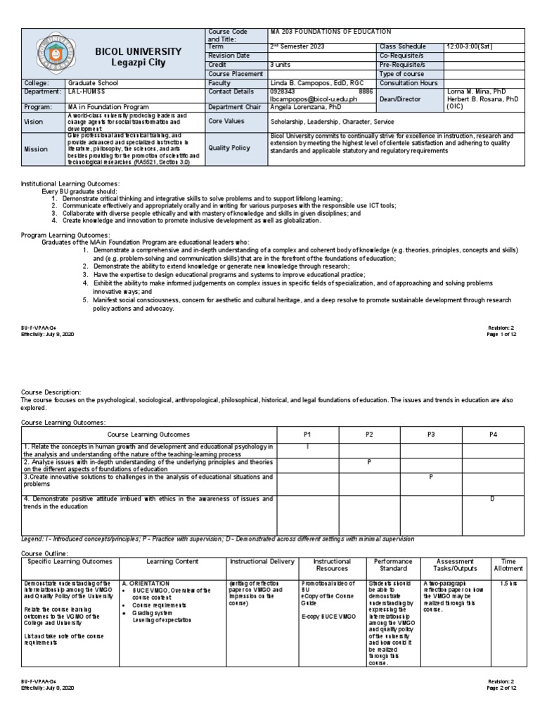Foundations of Education Syllabus | PDF | Learning | Rubric (Academic)