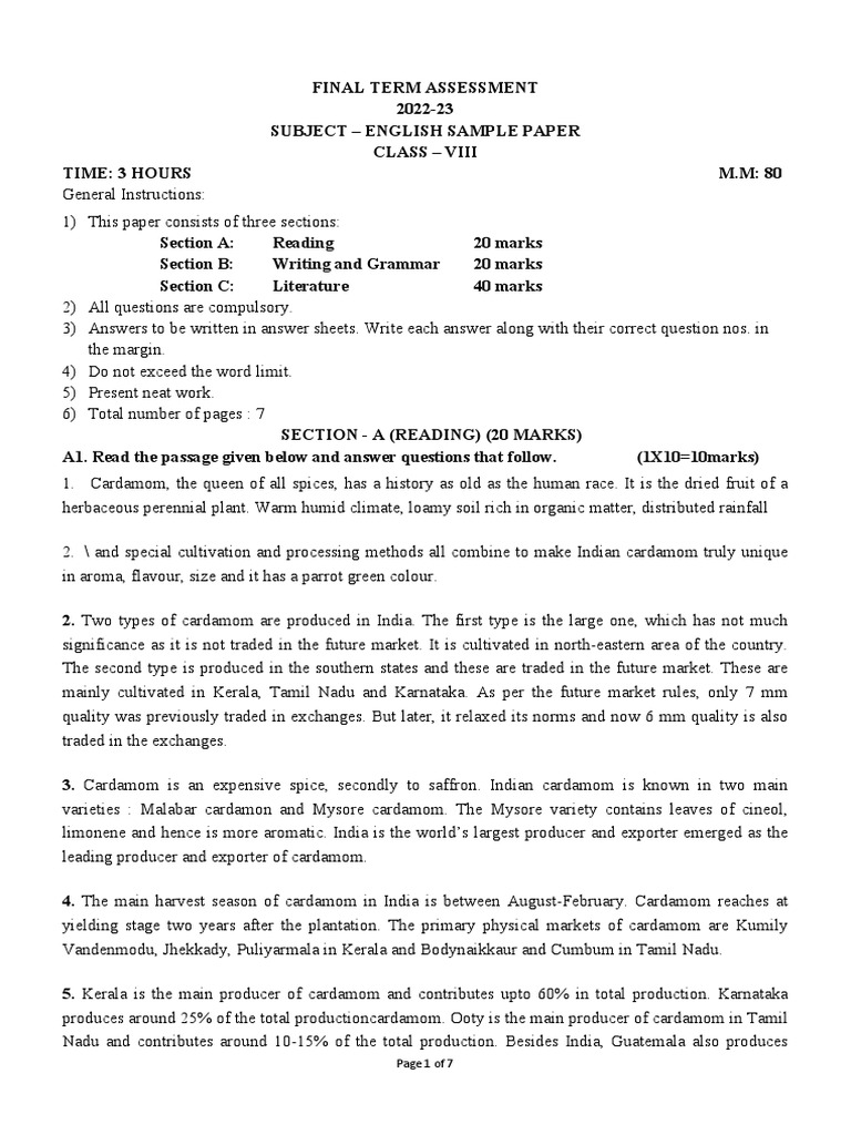Class 8 English Final Term Sample Paper | PDF