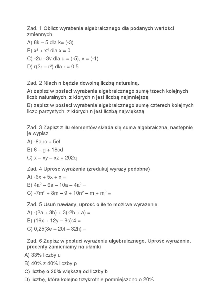 Matematyka Z Plusem Klasa 6 Wyrażenia Algebraiczne I Równania Sprawdzian Klasa 7 Sprawdzian Wyrażenia Algebraiczne | PDF