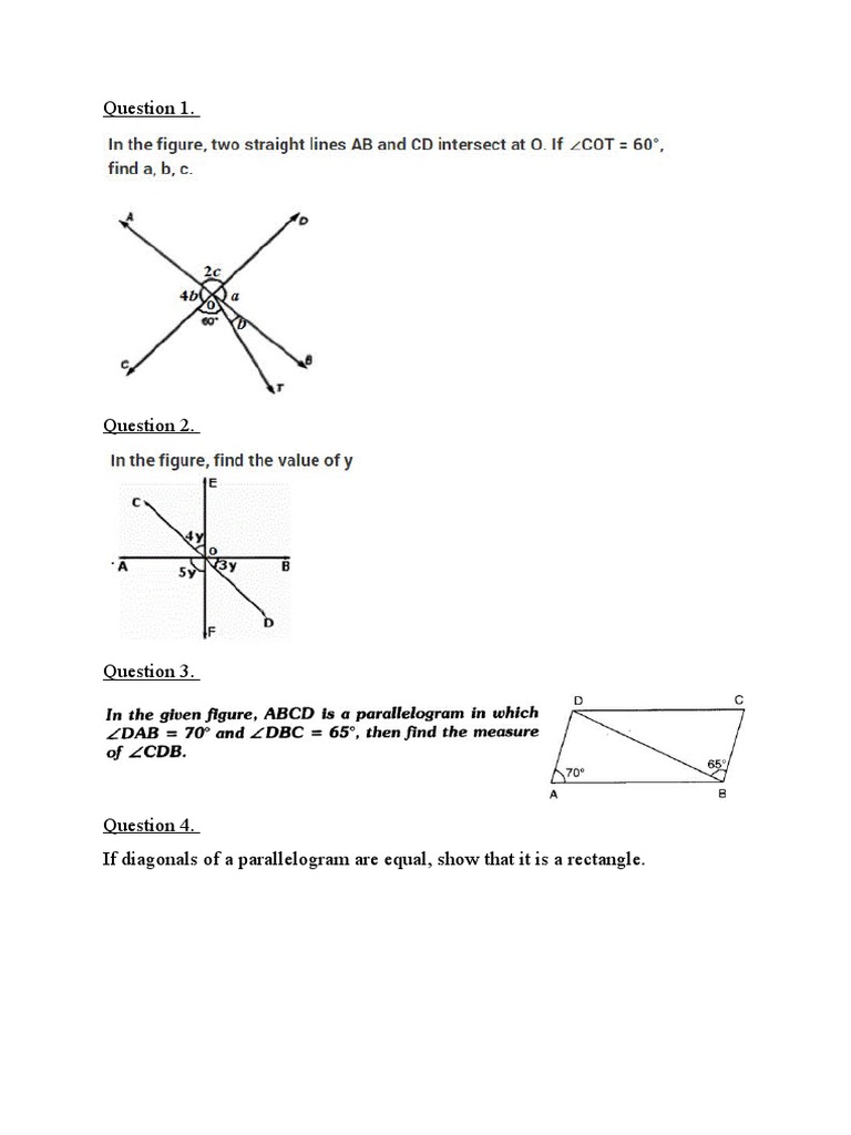 Lines and Angles, Triangles and Quadrilaterals Test Paper PDF