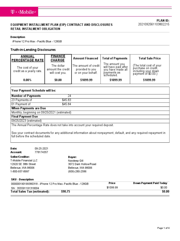 Equipment Installment Plan Contract Outlining Purchase of an iPhone 12