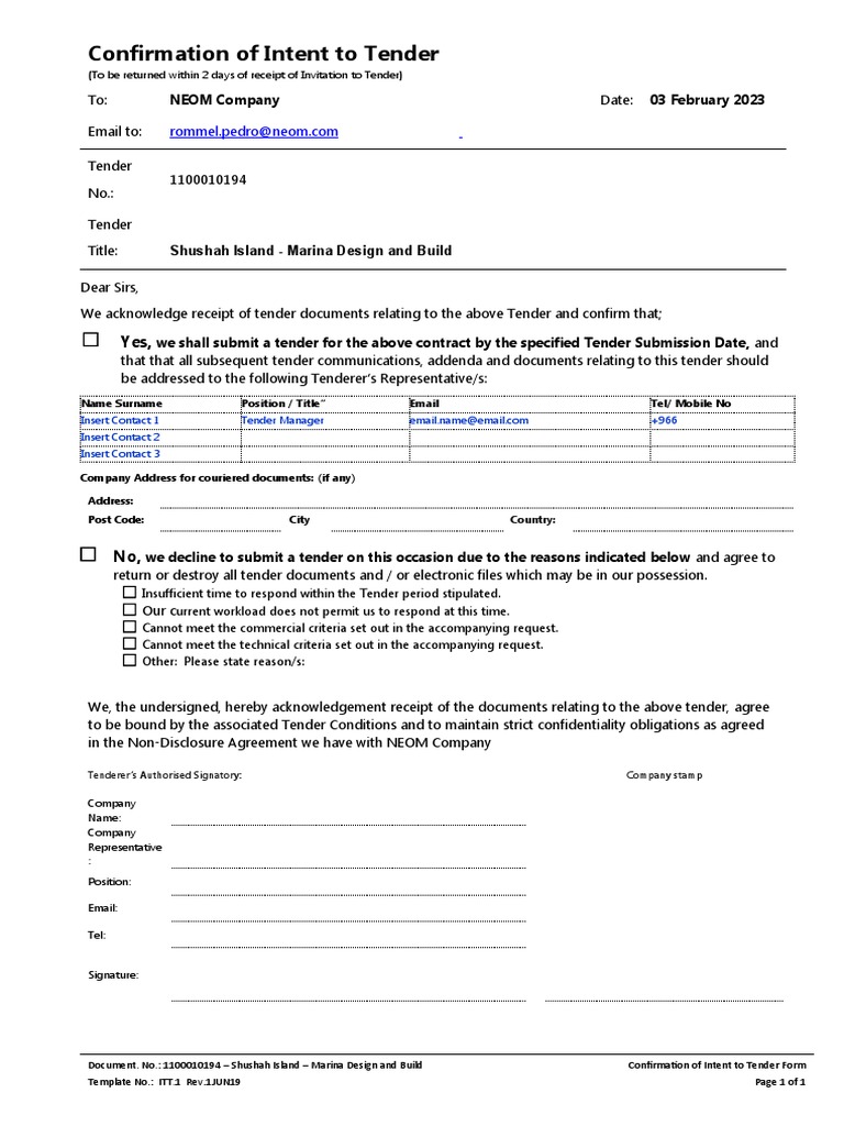 Confirmation of Intent to Tender | PDF | Business