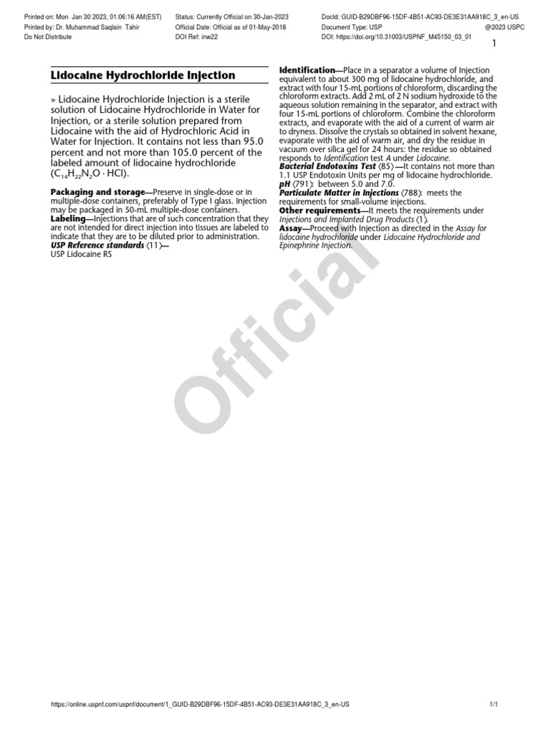 Lidocaine Hydrochloride Injection Monograph | PDF | Hydrochloric Acid ...
