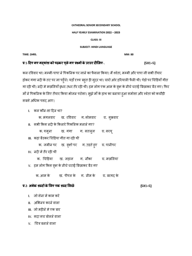 Class3 hindi language final exam pdf