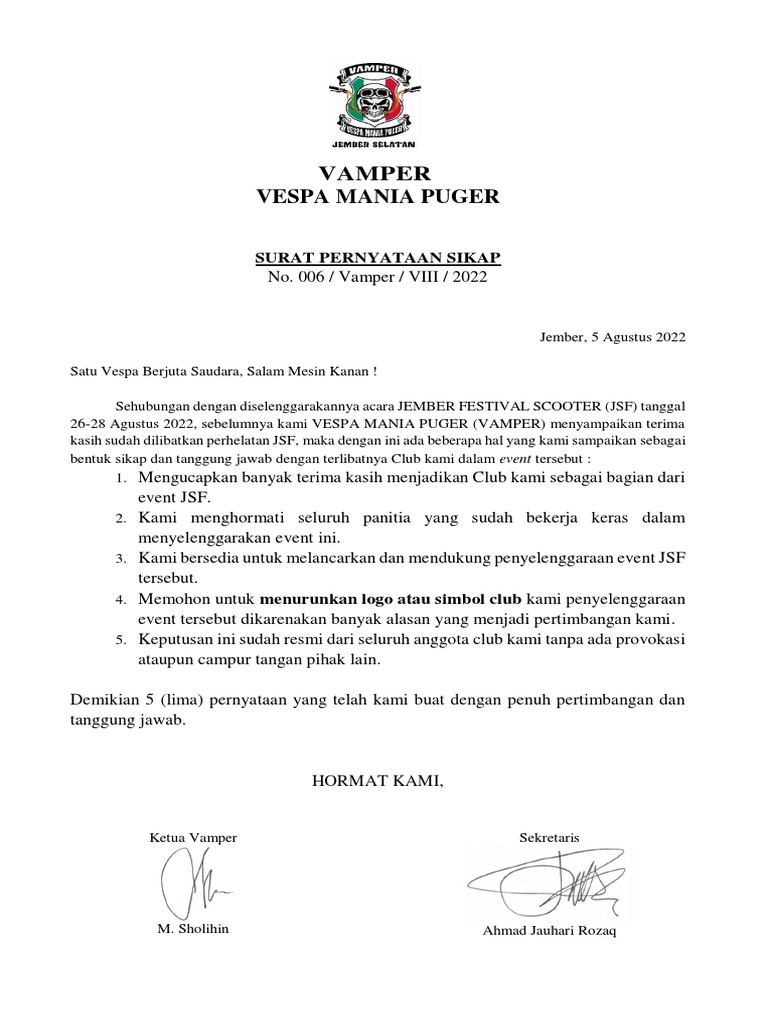 Pernyataan Vamper untuk Jember Festival Scooter | PDF