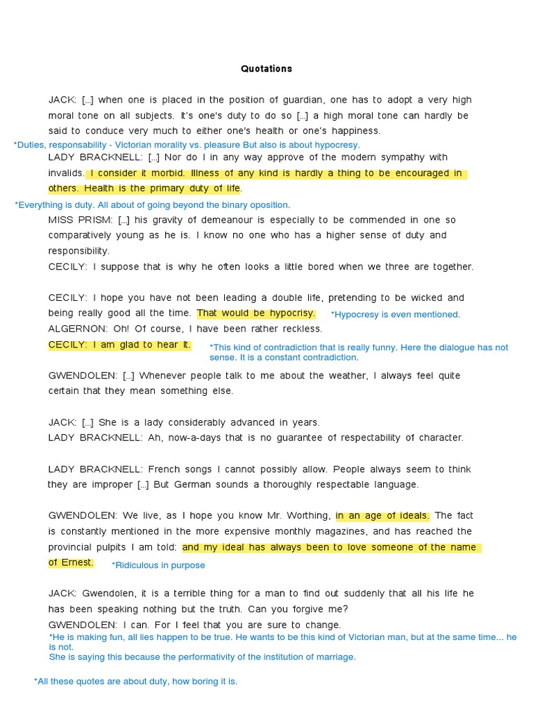 Quotations From The Importance of Being Earnest - With - NOTES ...
