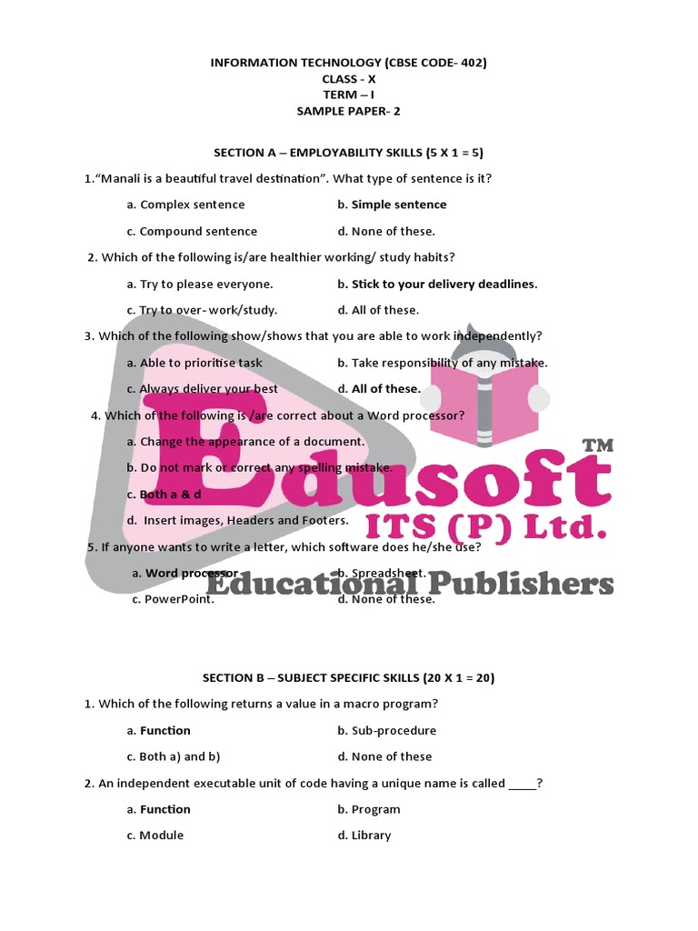 Class X 402, Sample Paper 2 PDF Hyperlink Computer File
