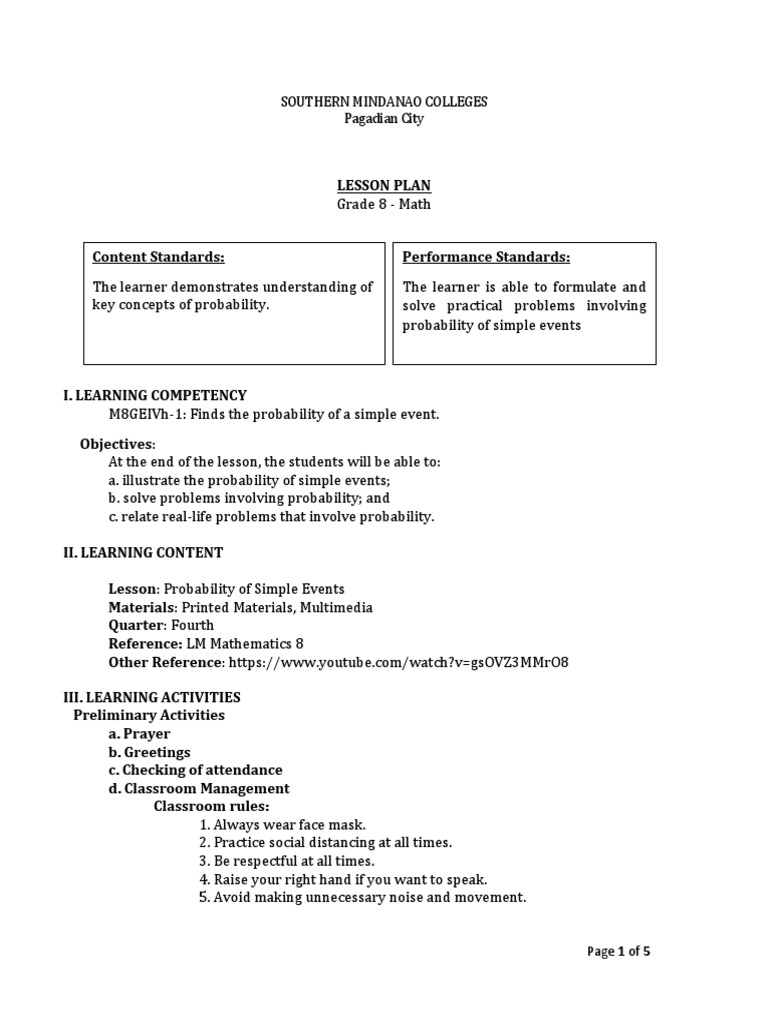 Grade 8 Probability Lesson Plan | PDF | Probability | Lesson Plan
