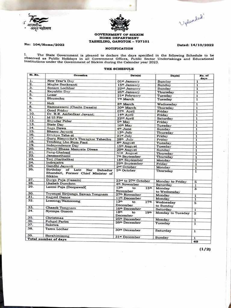 Calendar_Year_2023_58_20221101 sikkim PDF Public Holiday Observances
