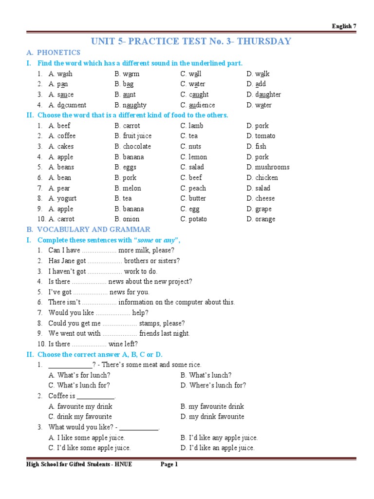 Unit 5 - Practice Test No. 3 | PDF | Lunch | Fishery