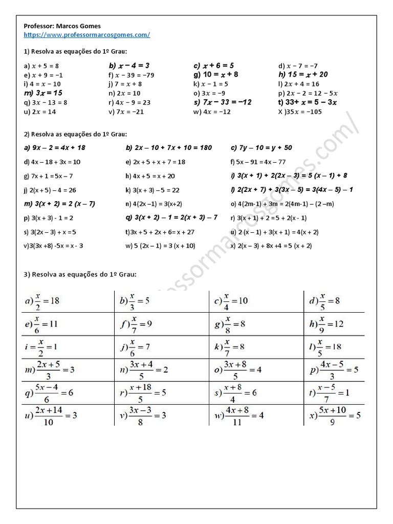 Equações do 1º Grau: Exercícios e Gabarito | PDF
