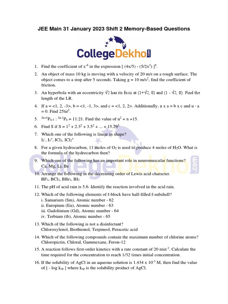 JEE Main 2023 Shift 2 Questions | PDF | Atomic Orbital | Physical Sciences
