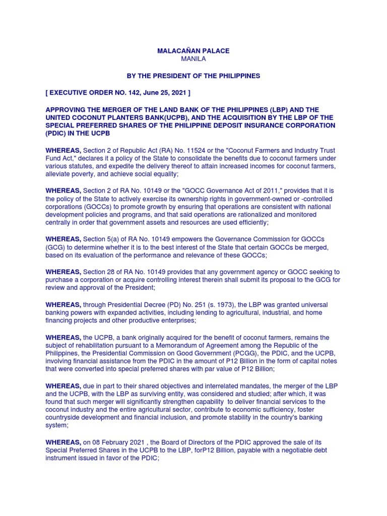 Presidential Executive Order No. 142, S 2021 PDF Mergers And