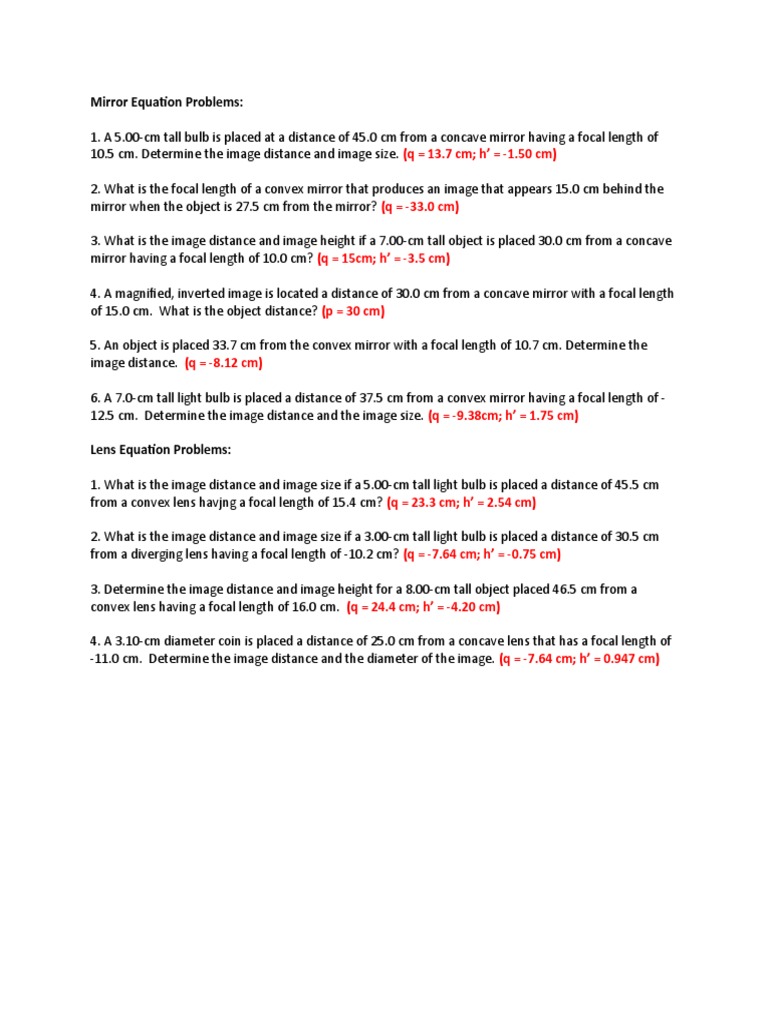 Mirrorand Lens Equation Problems PDF