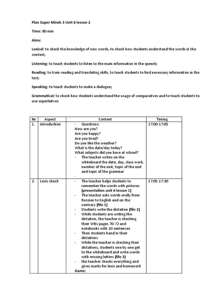 Super Minds 3 Unit 6 Lesson Plan | PDF | Communication | Learning