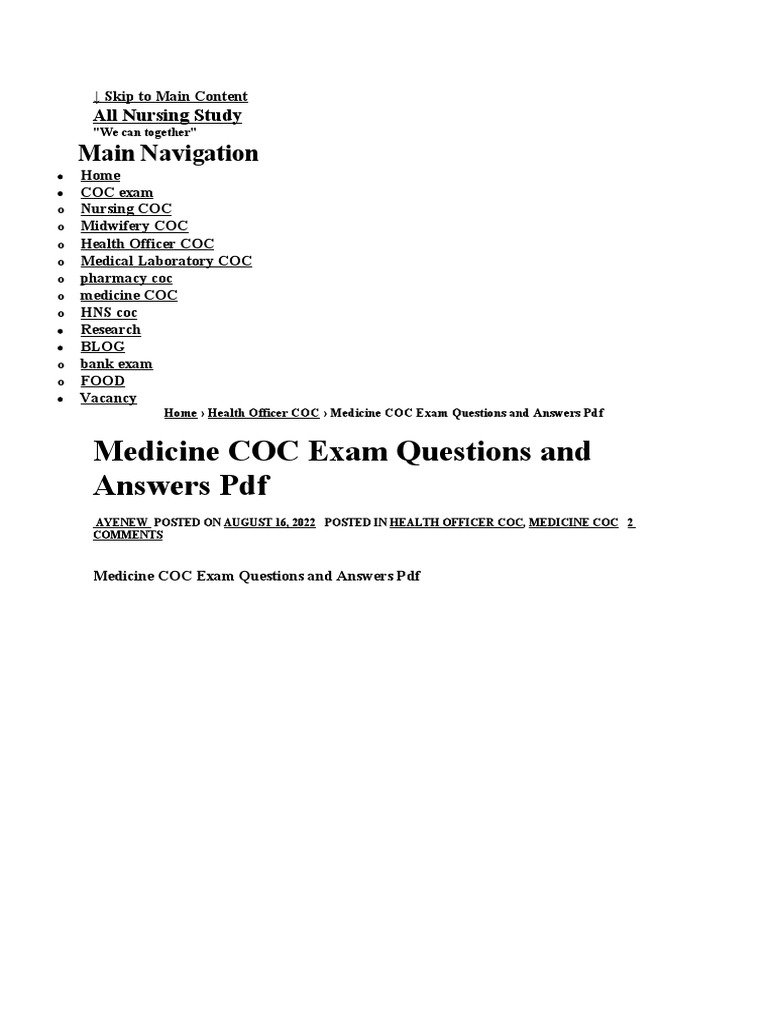 Medicine COC Exam Questions and Answers PDF Main Navigation PDF