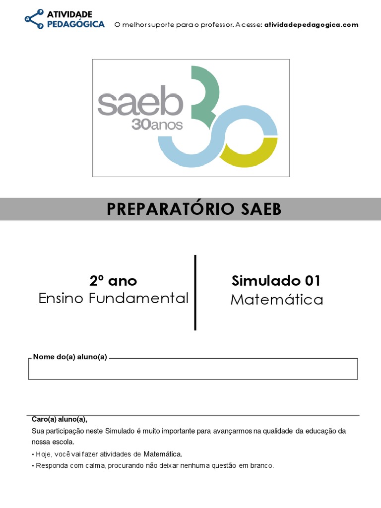 Simulado 01 (SAEB) Matemática - 2º Ano, PDF