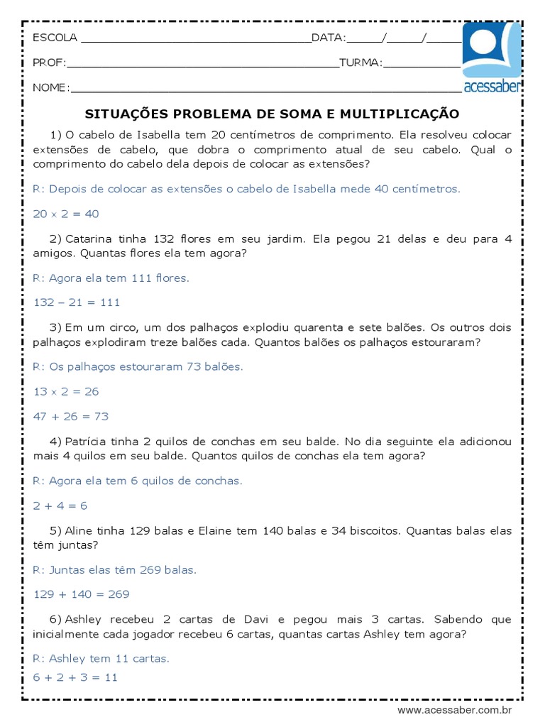 Atividade de Matematica Problemas de Soma e Multiplicacao 3 Ano e 4 Ano ...