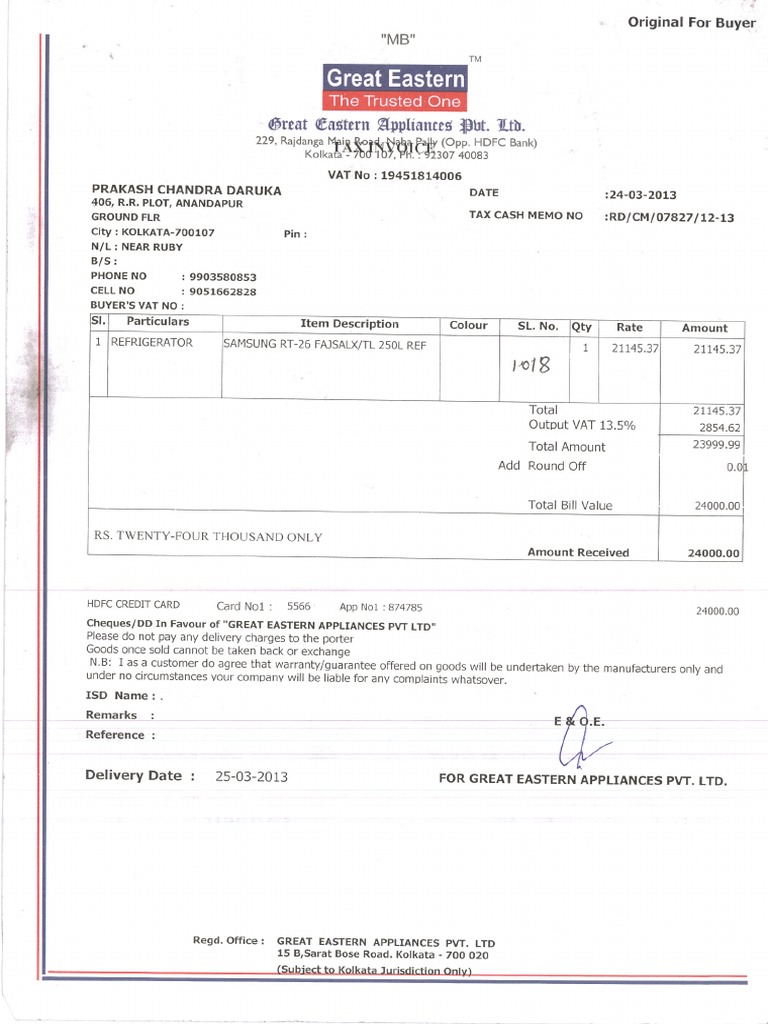 Bill of Refrigerator PDF