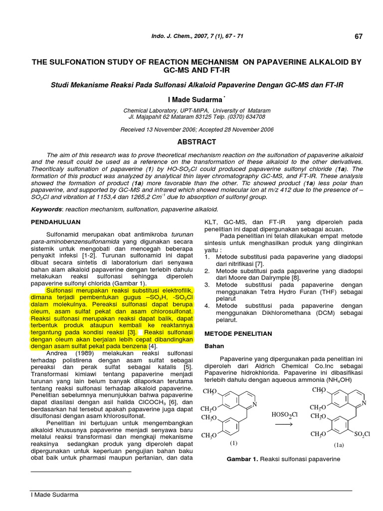 Mekanisme Sulfonasi Papaverine dengan GC-MS | PDF