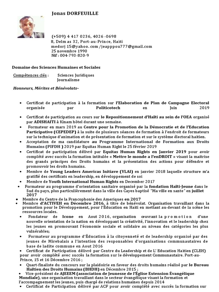 CV Jonas Dorfeuille - cvJCIDELMAS | PDF | Haïti