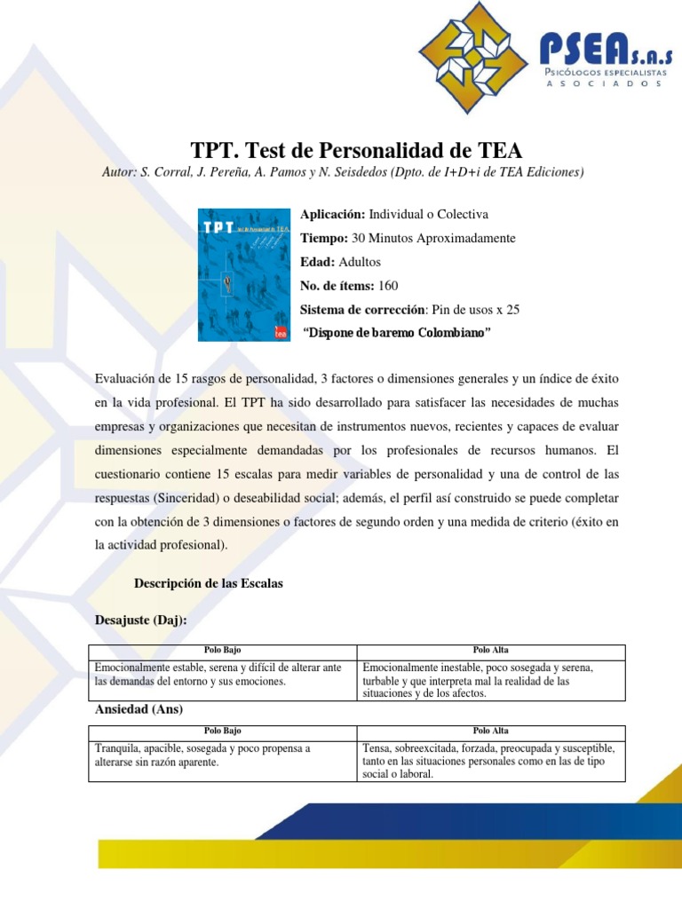 Test de Personalidad TPT de TEA | PDF | Las emociones | Ciencia cognitiva