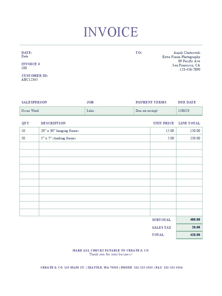 Invoice for Extra Frame Photography | PDF